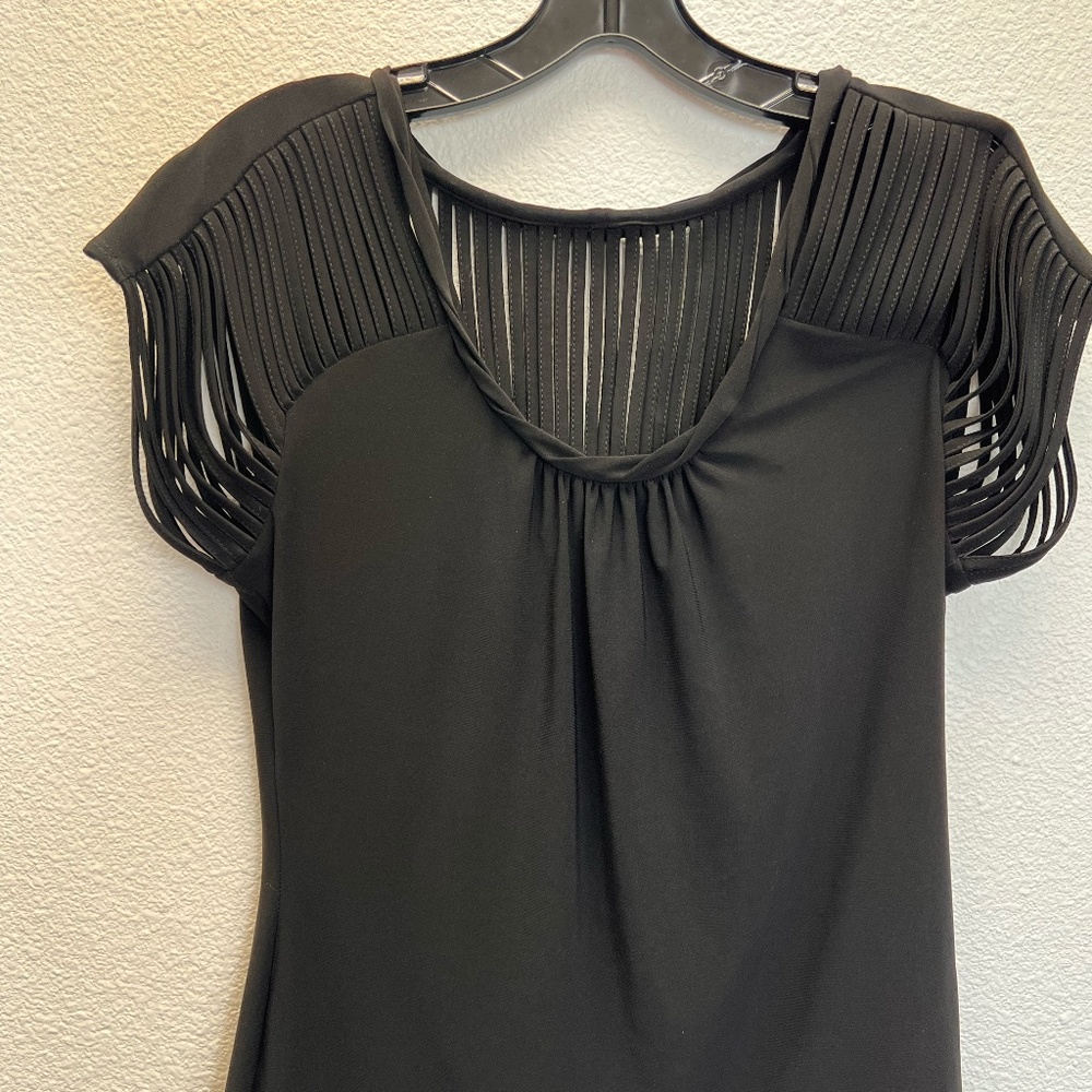 Joseph Ribkoff black caged fringe top